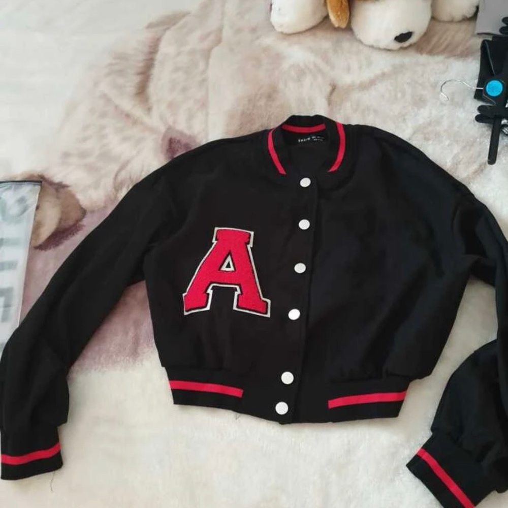 SHEIN leather pleated varsity jacket